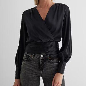Express Satin V-Neck Balloon Sleeve Faux Wrap Top Black Small NWOT